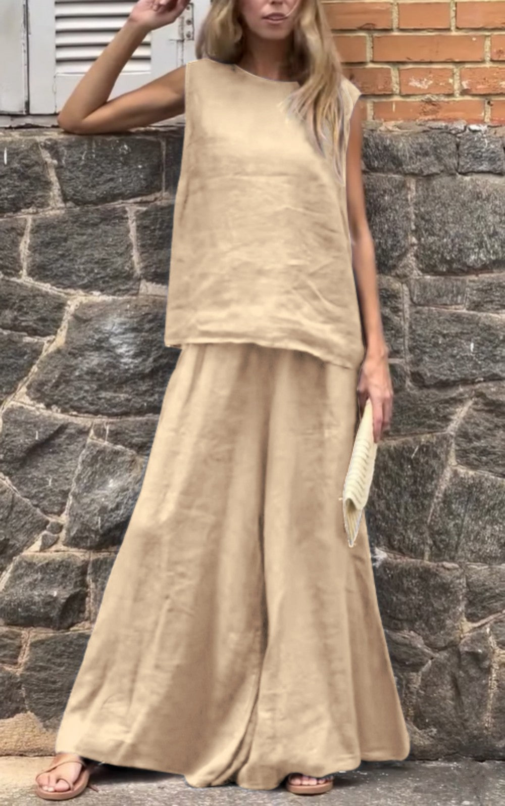 2025 Large Size Loose Solid Color Cotton Linen Sleeveless Pants Two Piece Set