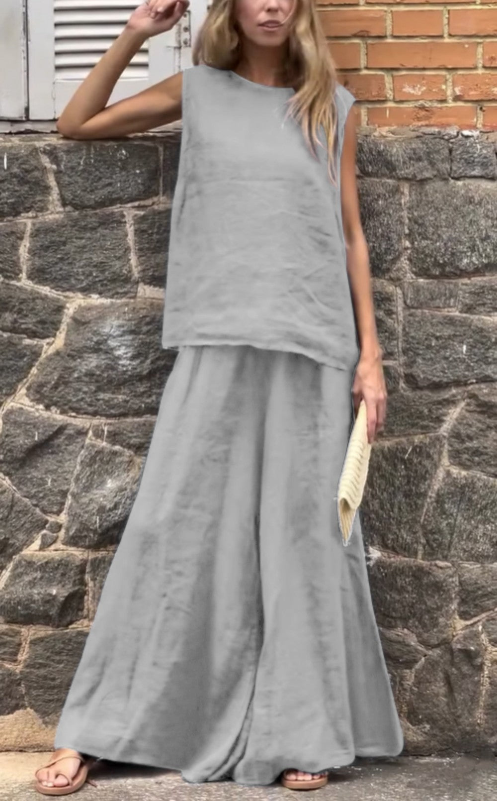 2025 Large Size Loose Solid Color Cotton Linen Sleeveless Pants Two Piece Set