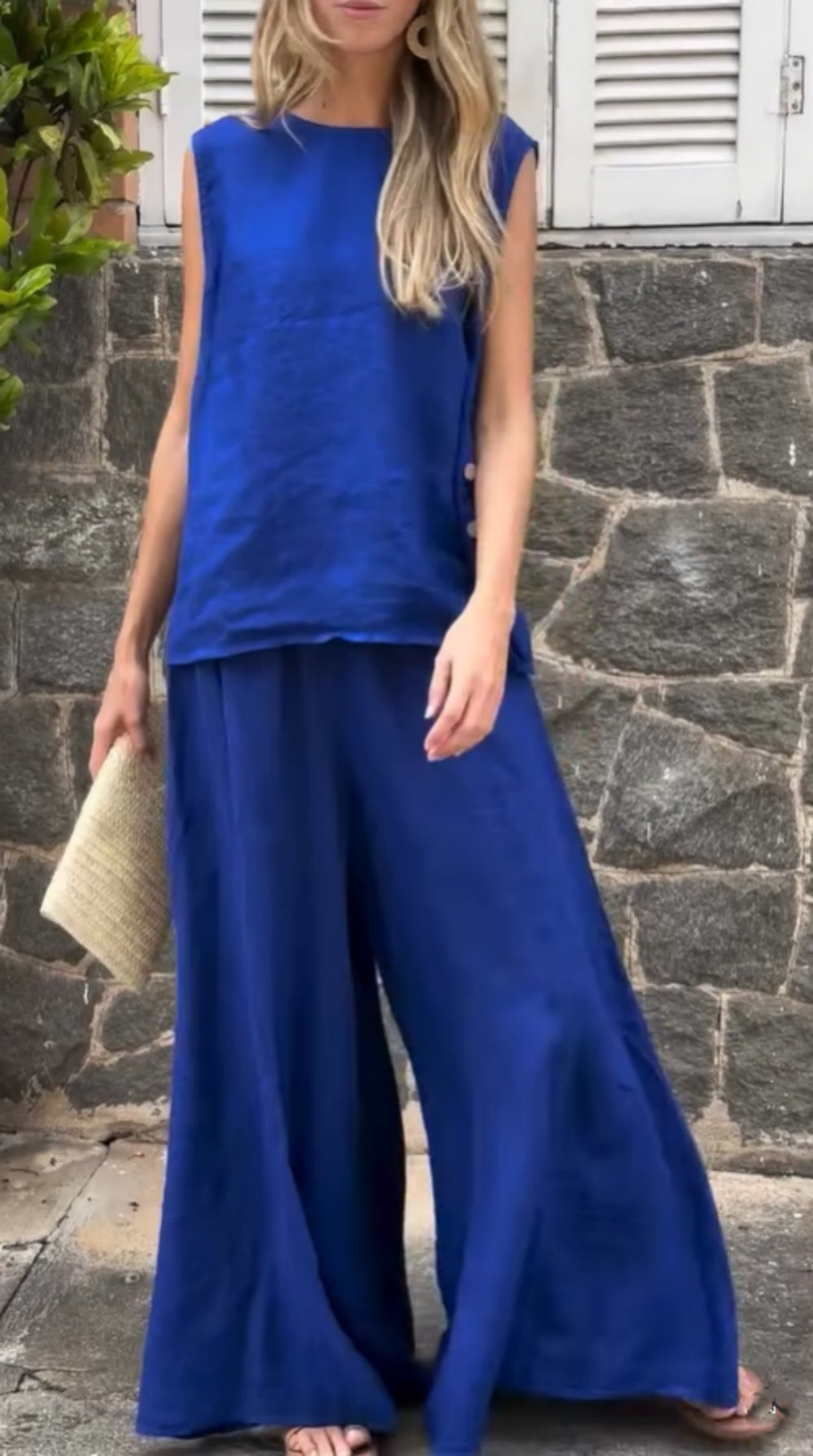 2025 Large Size Loose Solid Color Cotton Linen Sleeveless Pants Two Piece Set