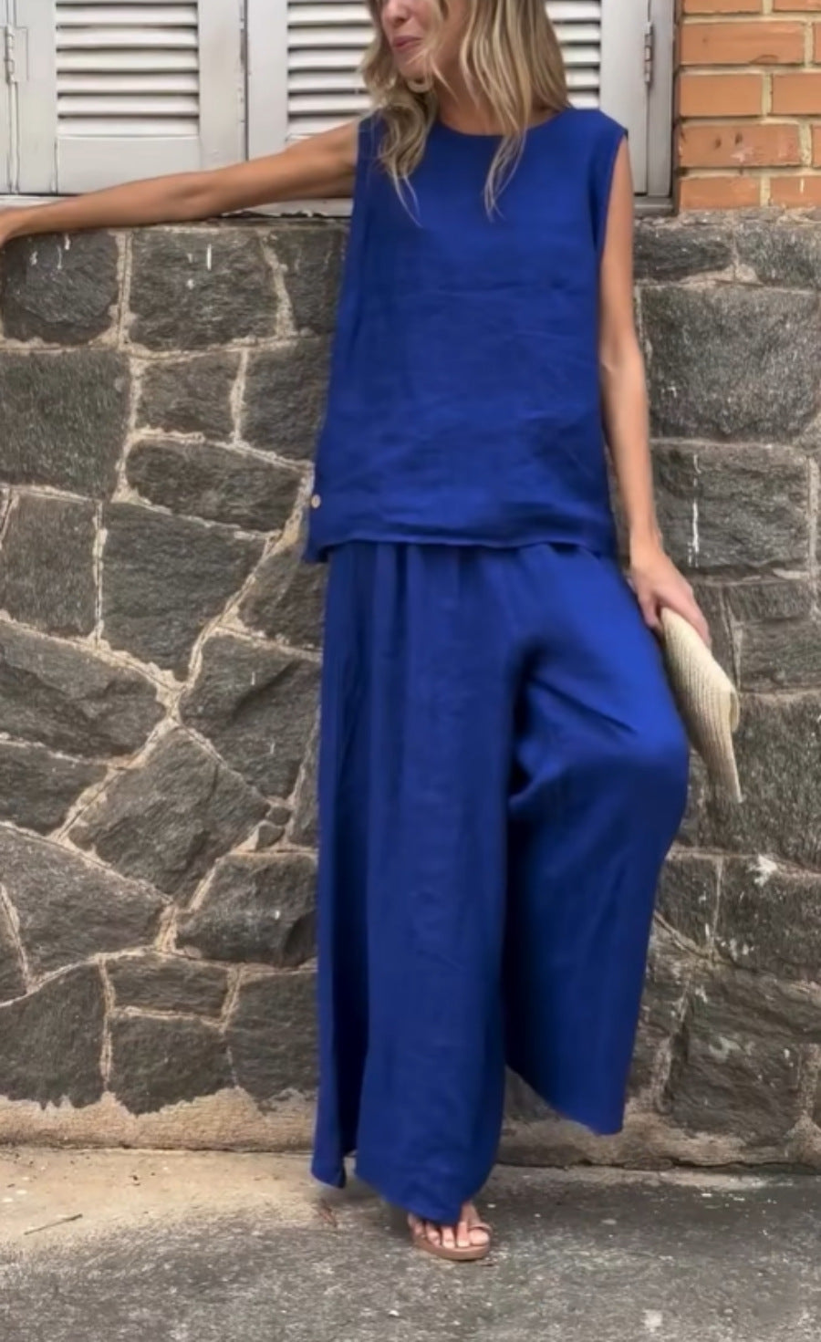 2025 Large Size Loose Solid Color Cotton Linen Sleeveless Pants Two Piece Set