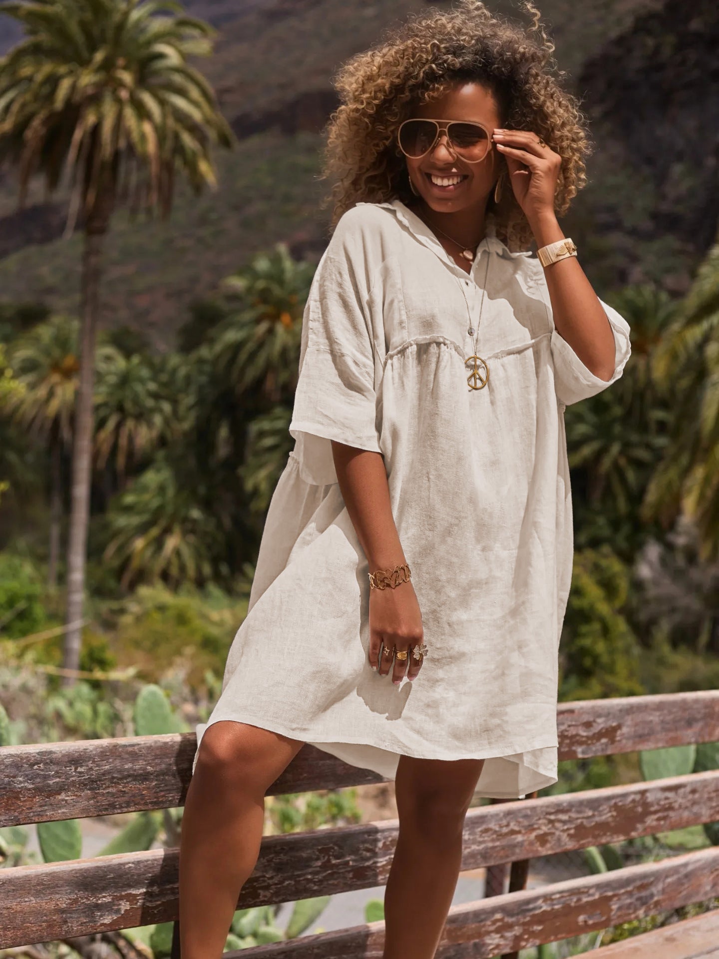 Loose solid color polo collar vacation casual button up literary style fashion dresses