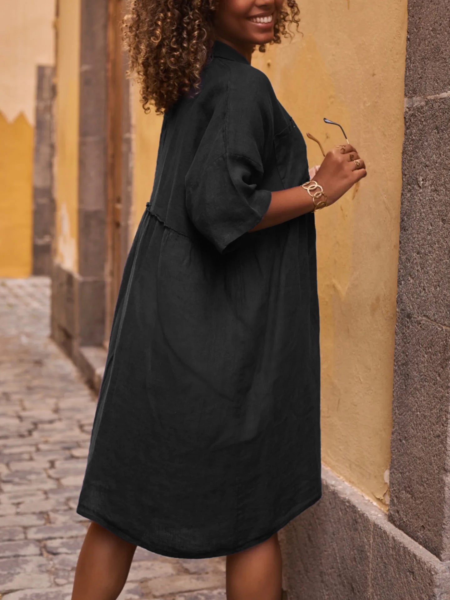 Loose solid color polo collar vacation casual button up literary style fashion dresses