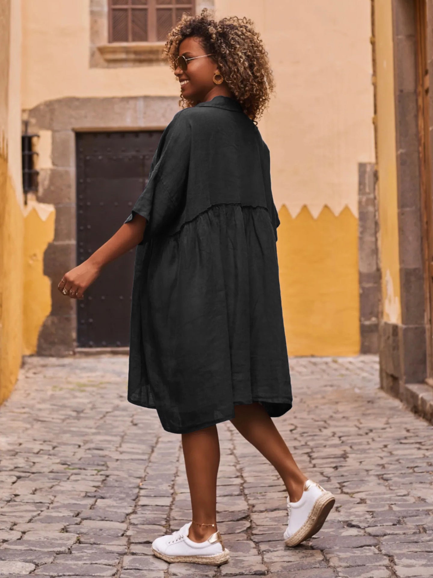 Loose solid color polo collar vacation casual button up literary style fashion dresses