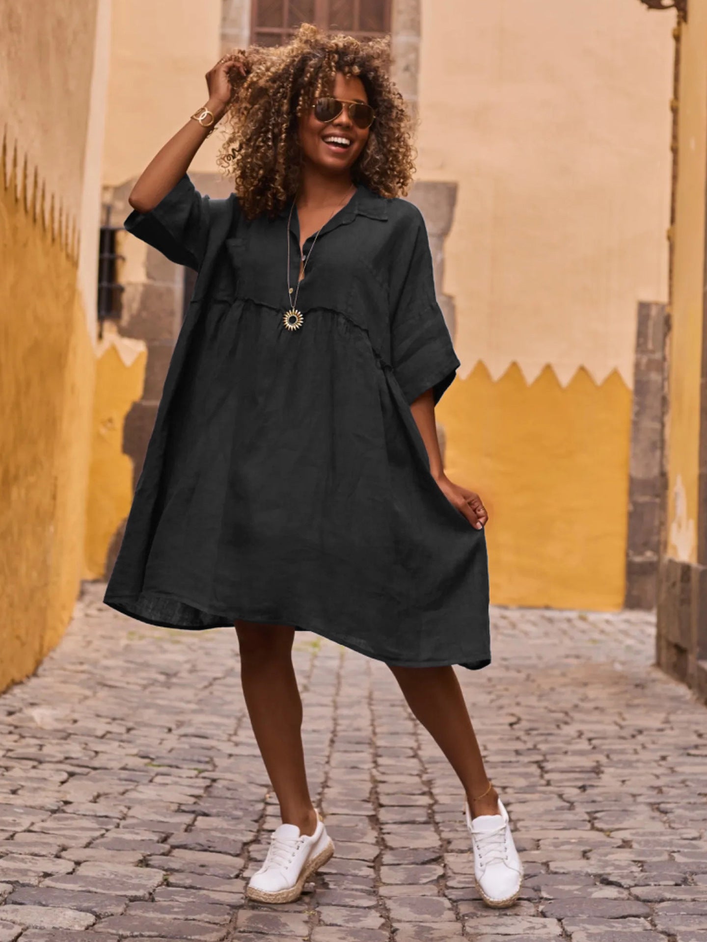 Loose solid color polo collar vacation casual button up literary style fashion dresses