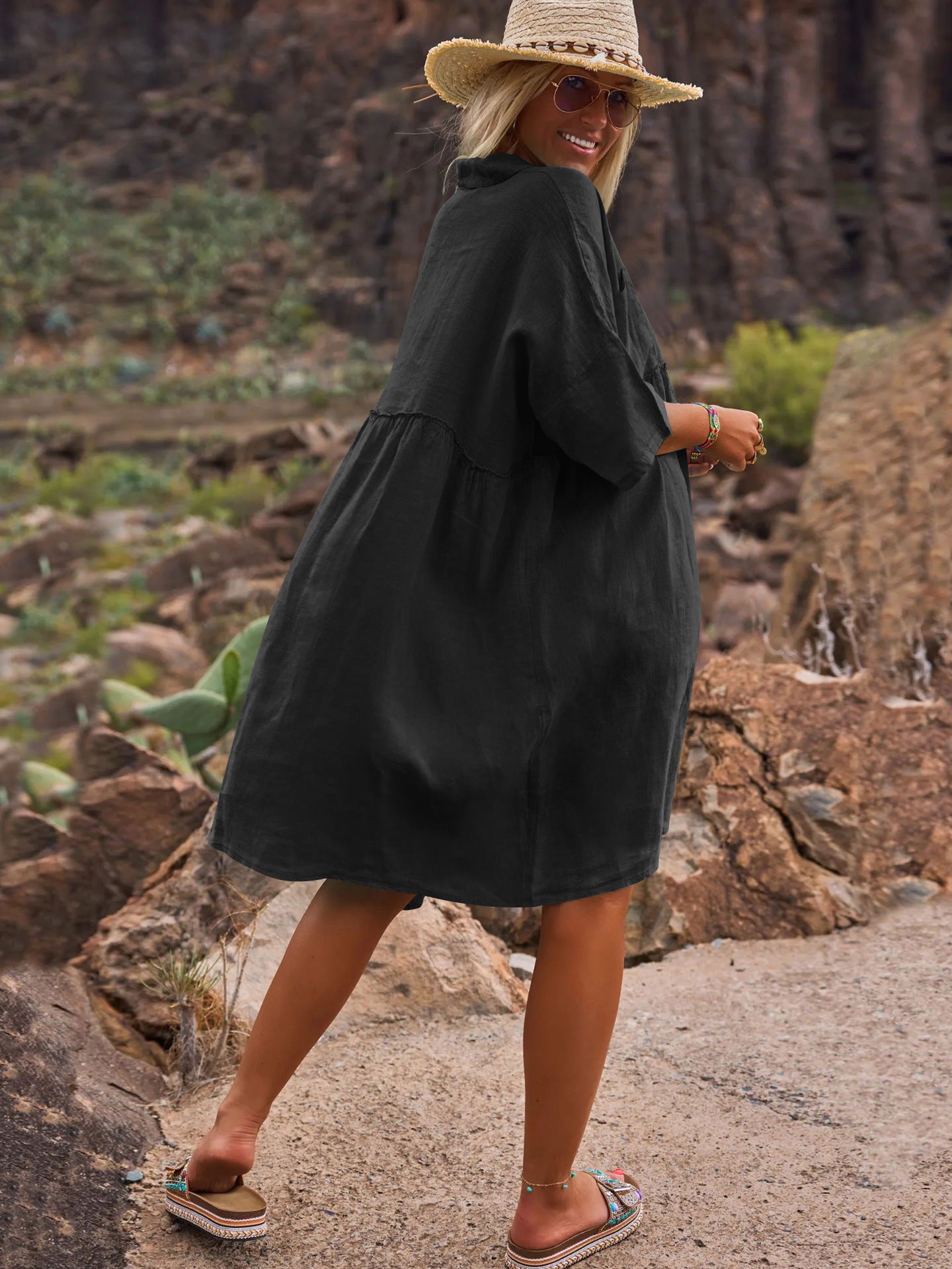 Loose solid color polo collar vacation casual button up literary style fashion dresses