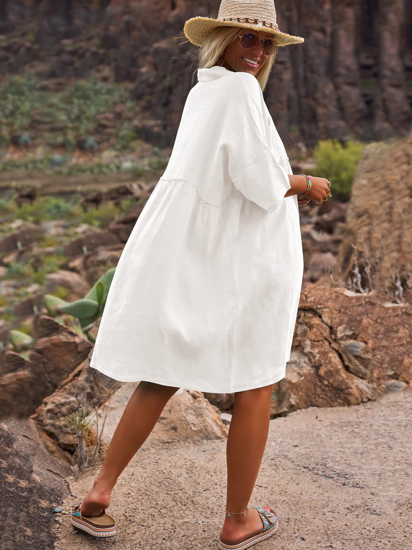 Loose solid color polo collar vacation casual button up literary style fashion dresses