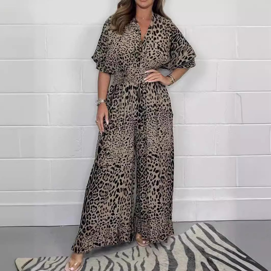 Fashion Leopard Print Casual Wide Leg Jumpsuit
