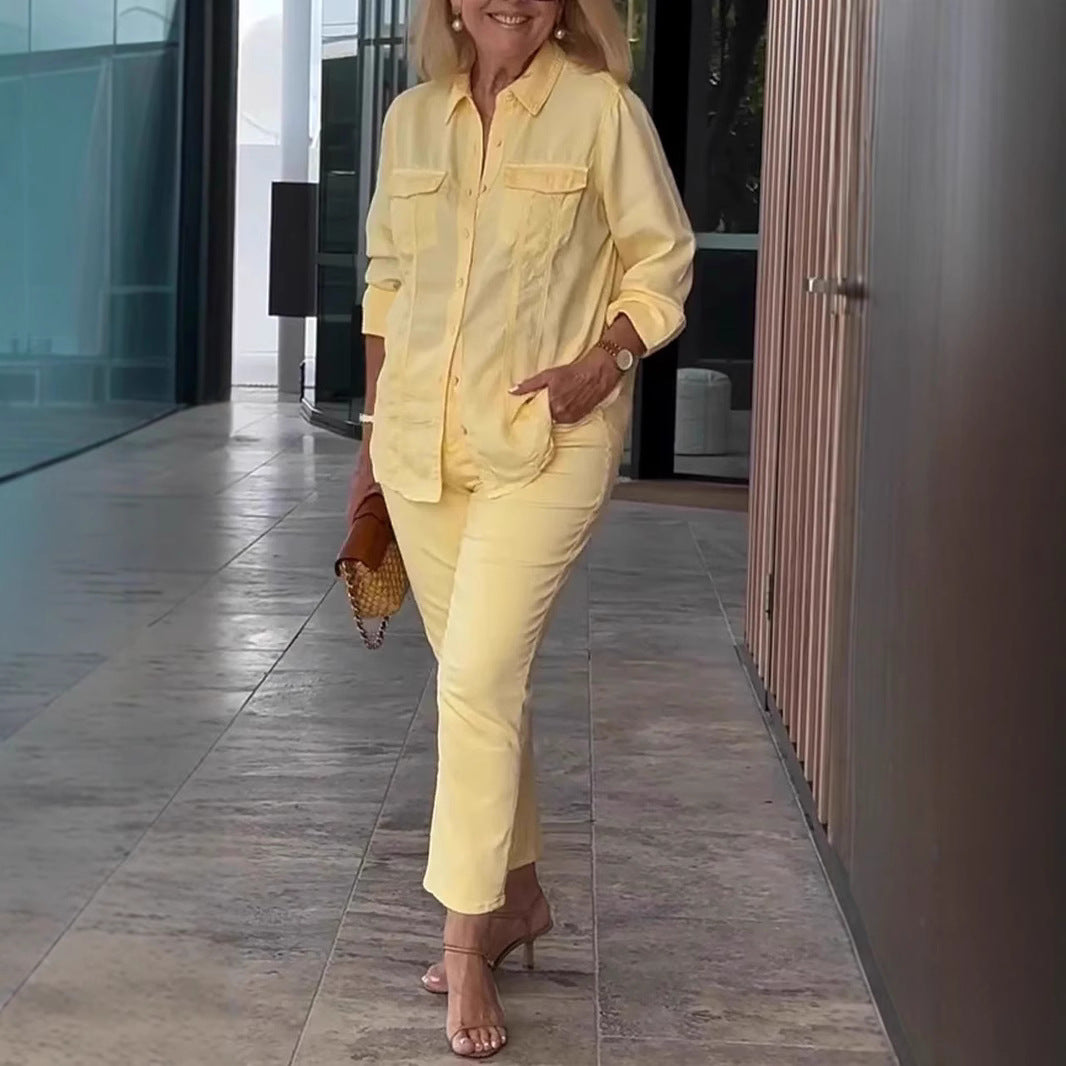 2025 Loose Casual Solid Color Round Neck Casual Shirt Long Pants Set