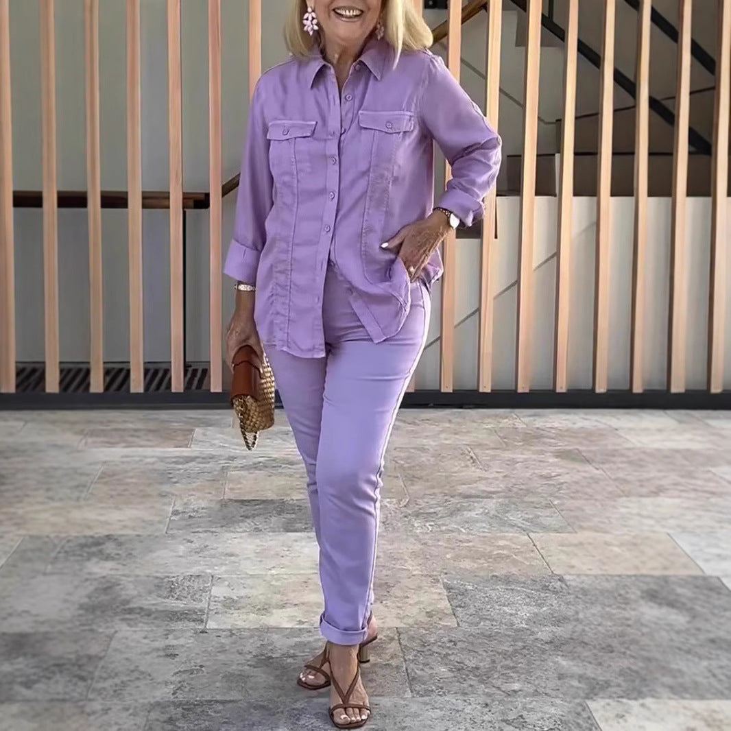 2025 Loose Casual Solid Color Round Neck Casual Shirt Long Pants Set