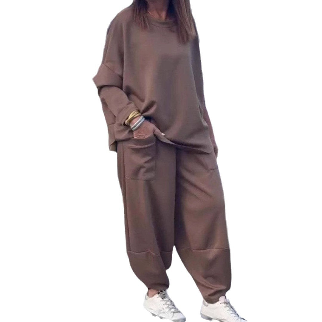 Autumn and winter new casual loose solid color sweater suit