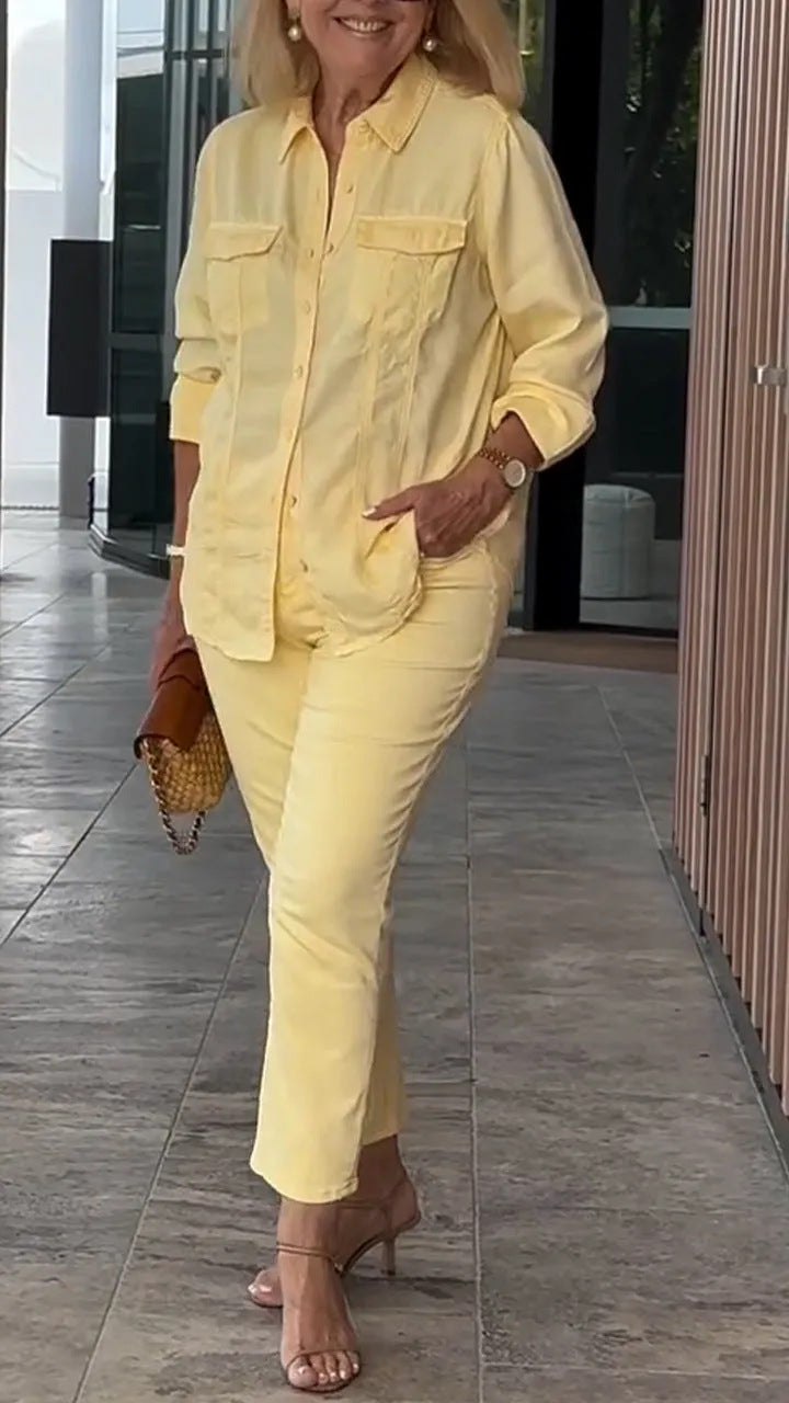 2025 Loose Casual Solid Color Round Neck Casual Shirt Long Pants Set