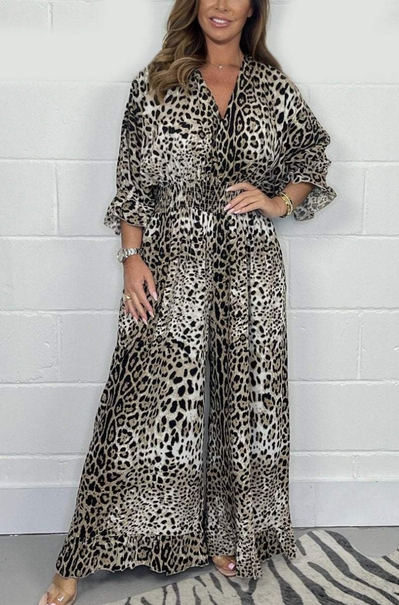 Fashion Leopard Print Casual Wide Leg Jumpsuit