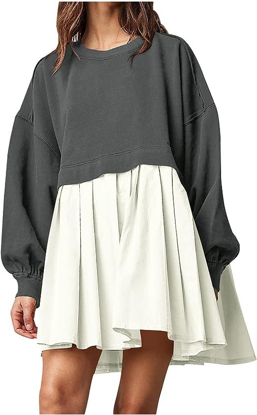 New women's false two pieces solid color color blocking loose pleated dresses