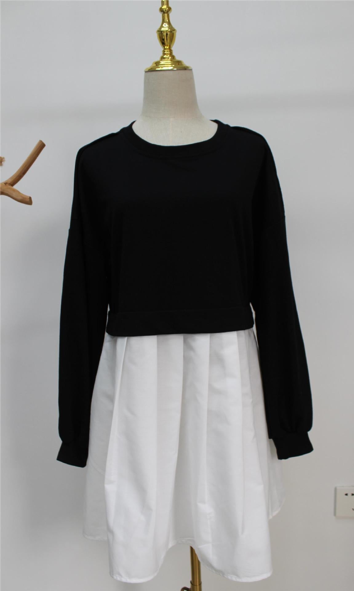 New women's false two pieces solid color color blocking loose pleated dresses