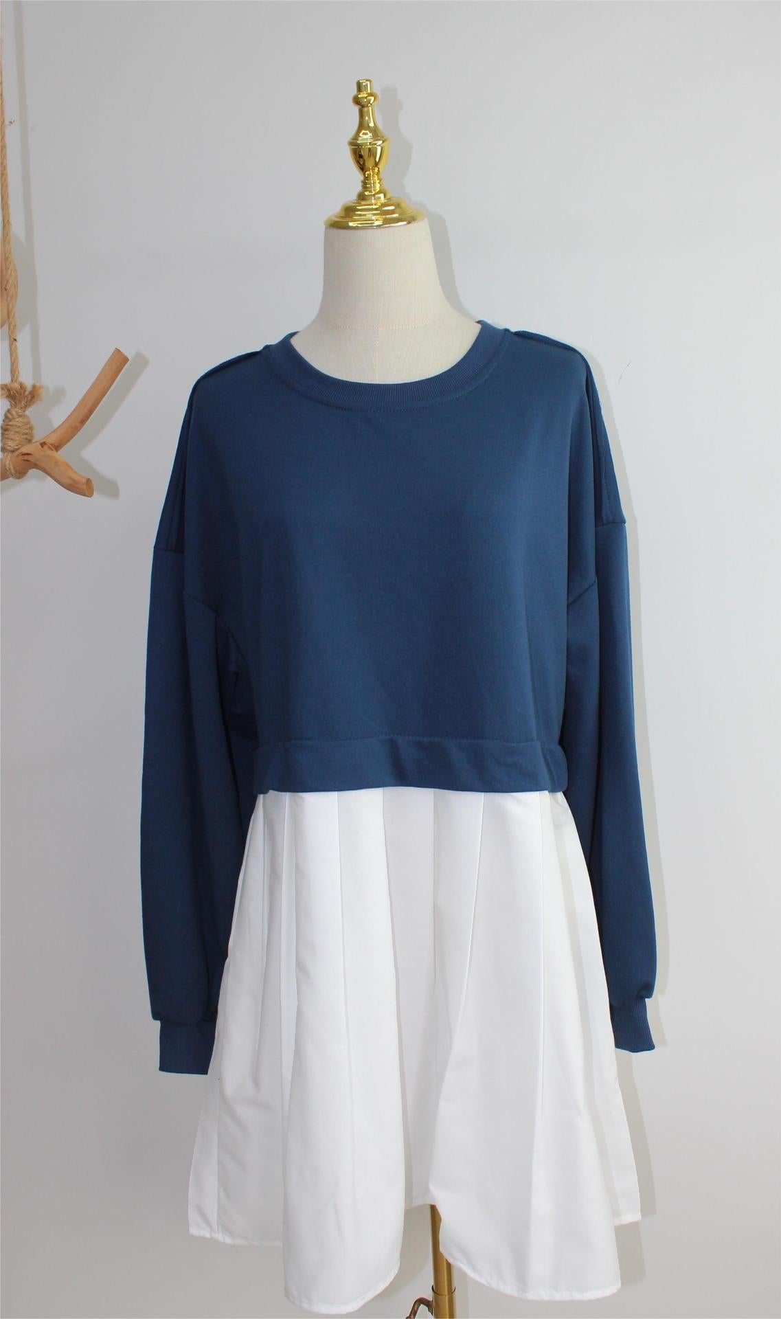 New women's false two pieces solid color color blocking loose pleated dresses