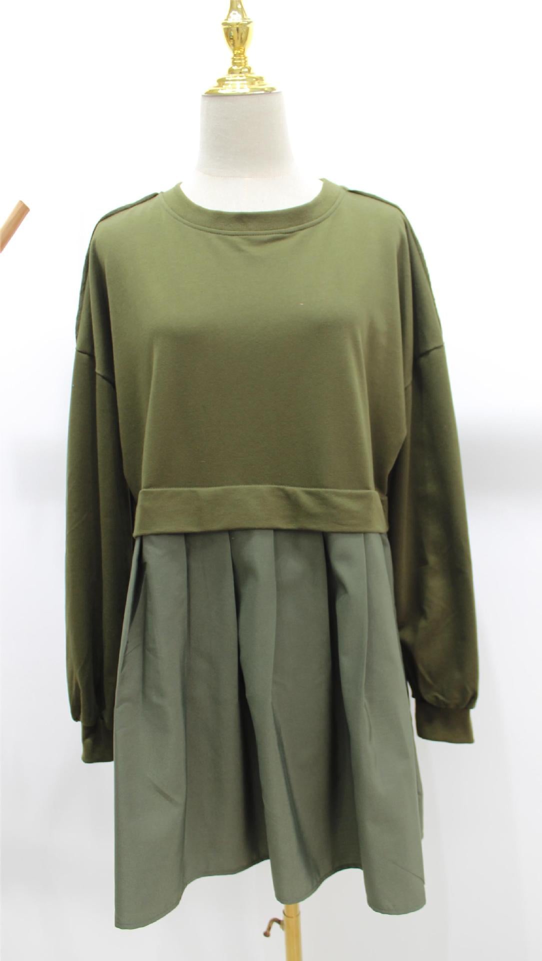 New women's false two pieces solid color color blocking loose pleated dresses