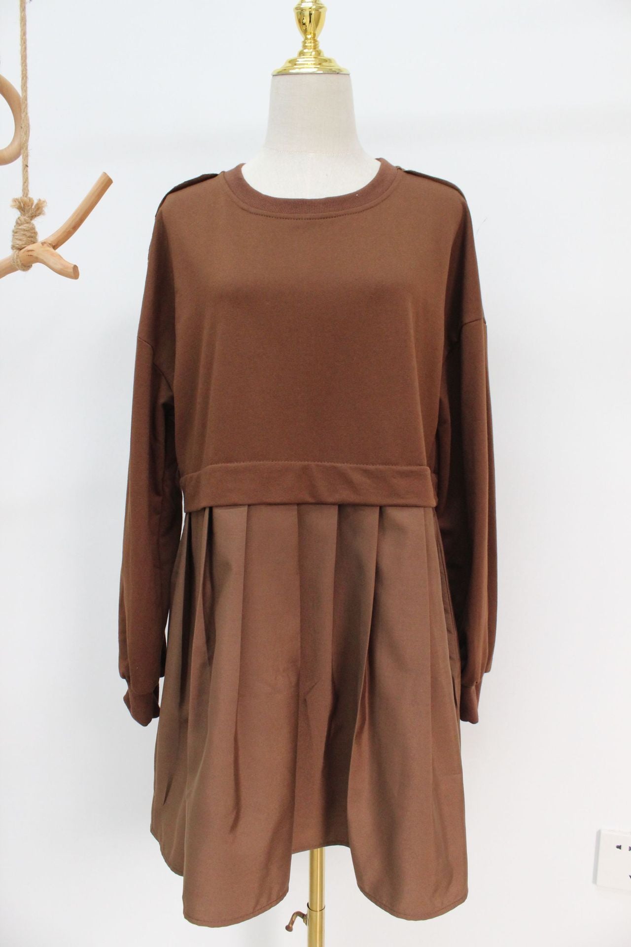 New women's false two pieces solid color color blocking loose pleated dresses