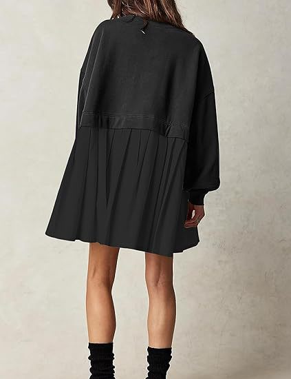 New women's false two pieces solid color color blocking loose pleated dresses