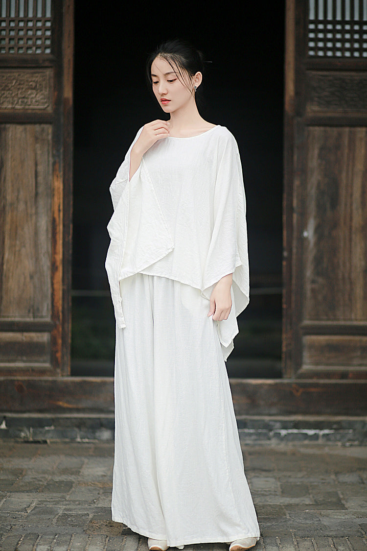 Linen Top Wide Leg Pants Set 3 Colours Literary Retro Cool Style