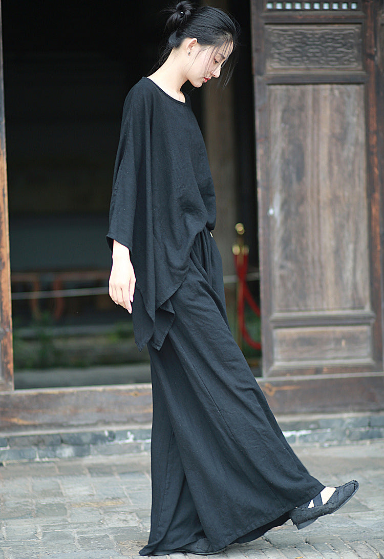 Linen Top Wide Leg Pants Set 3 Colours Literary Retro Cool Style