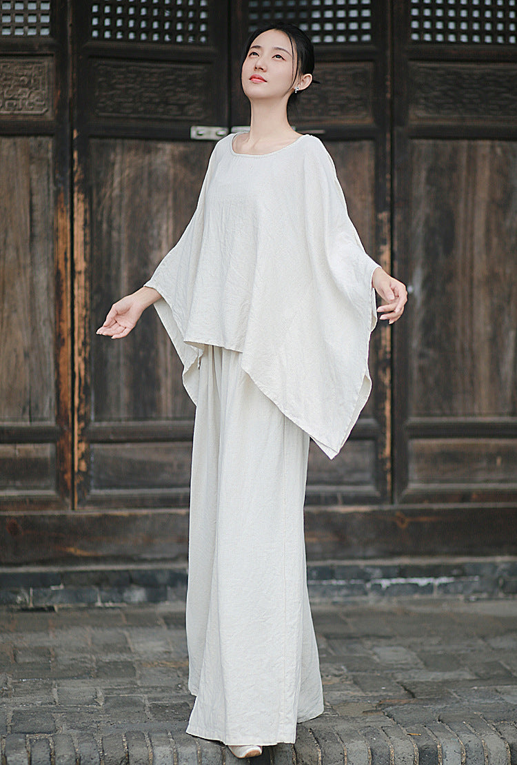 Linen Top Wide Leg Pants Set 3 Colours Literary Retro Cool Style