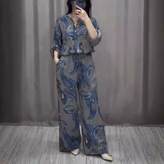 Printed Fashion Women's Long Sleeve Shirt Trousers Suit