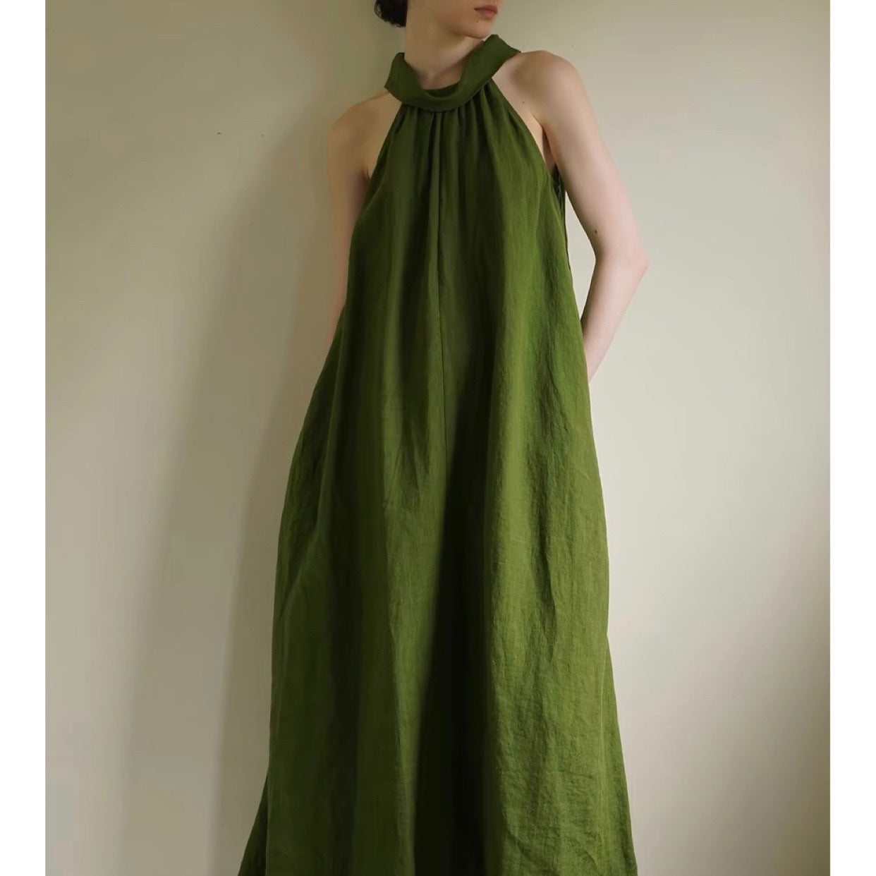 Linen Sandwashed Textured Hanging Neck Dress Summer