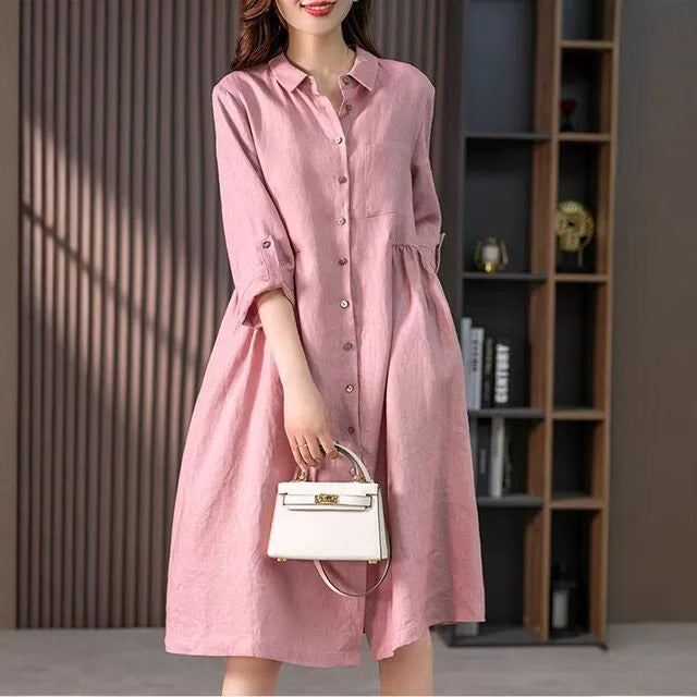 Elegant French Linen Shirt Dress Designer Niche Solid Colour Dresses