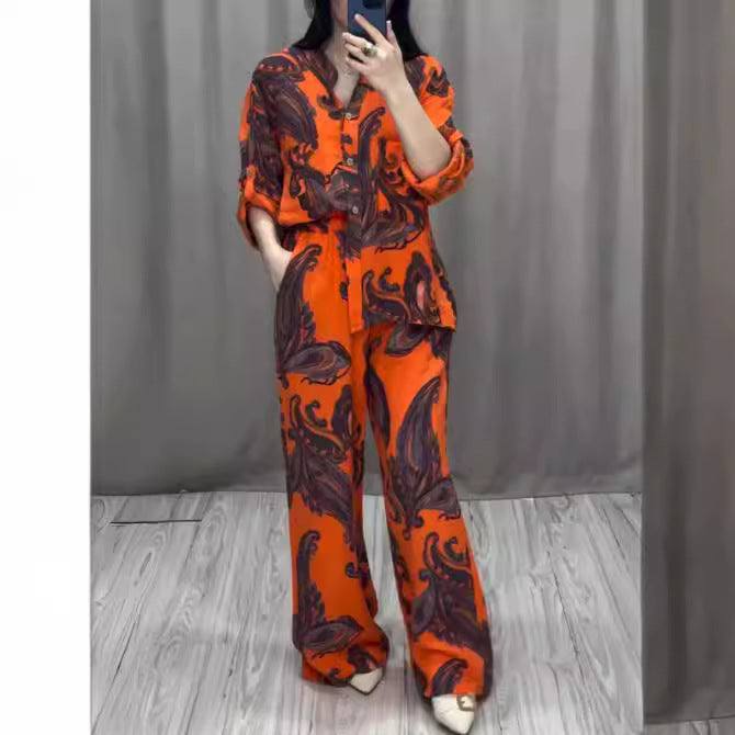 Printed Fashion Women's Long Sleeve Shirt Trousers Suit