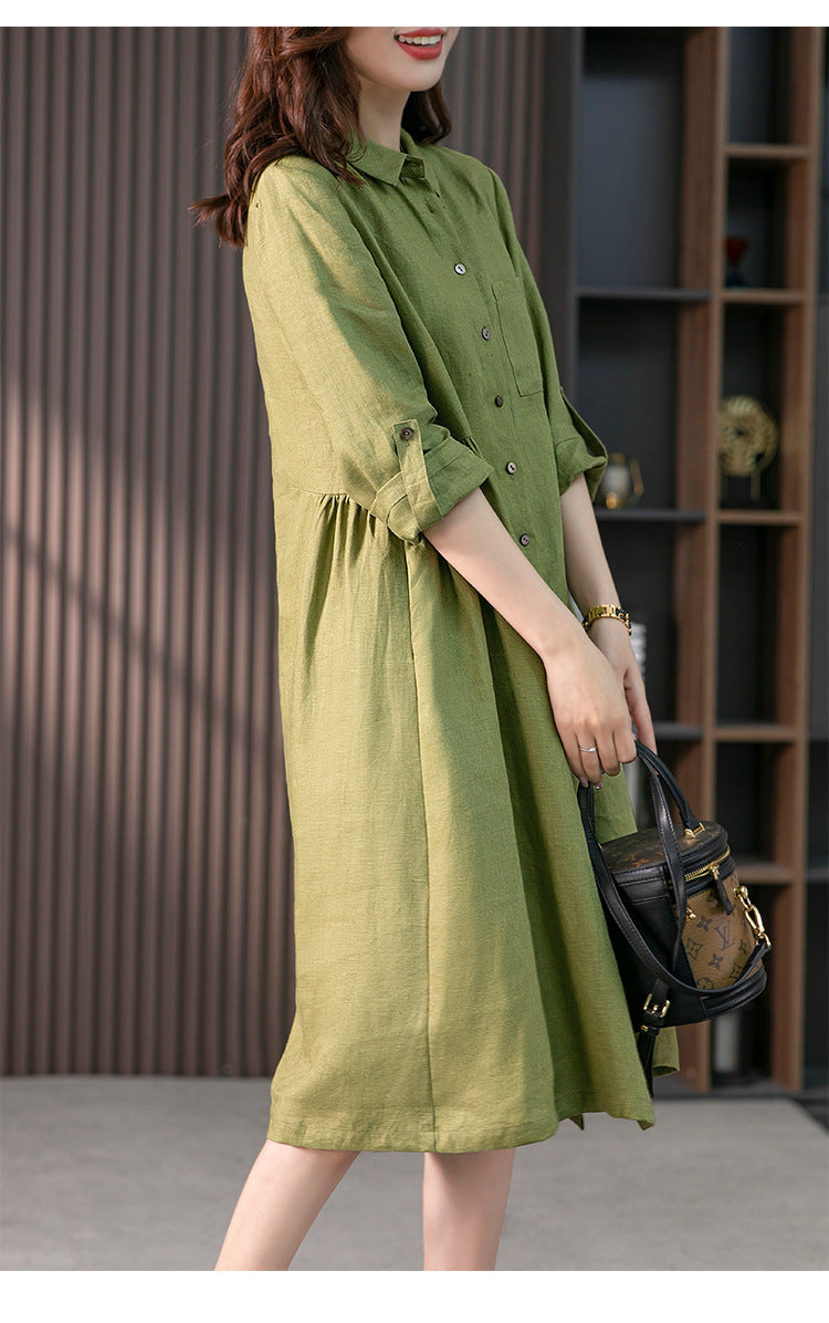 Elegant French Linen Shirt Dress Designer Niche Solid Colour Dresses