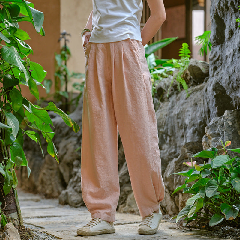 New cotton and linen women's pants, loose and versatile, slim sand-washed linen bloomers