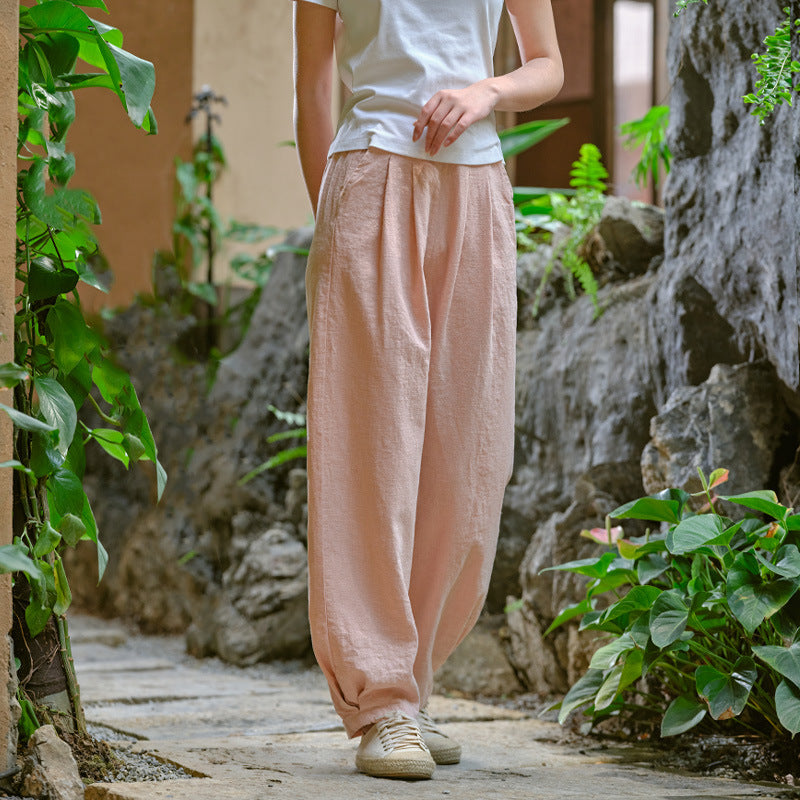 New cotton and linen women's pants, loose and versatile, slim sand-washed linen bloomers