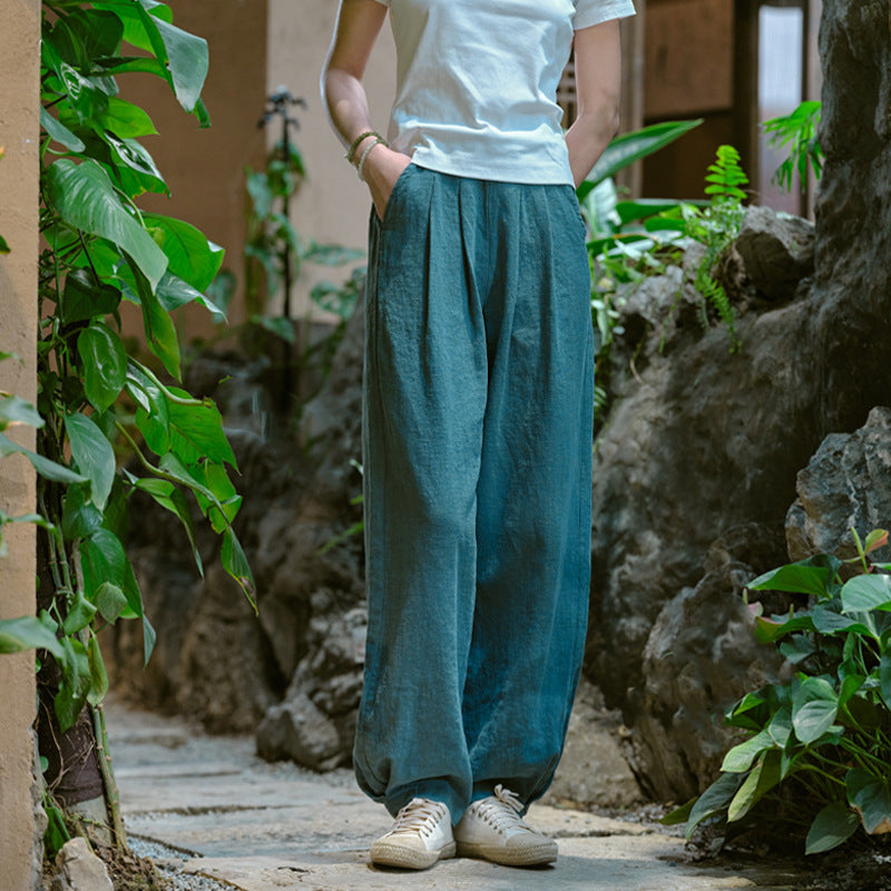 New cotton and linen women's pants, loose and versatile, slim sand-washed linen bloomers