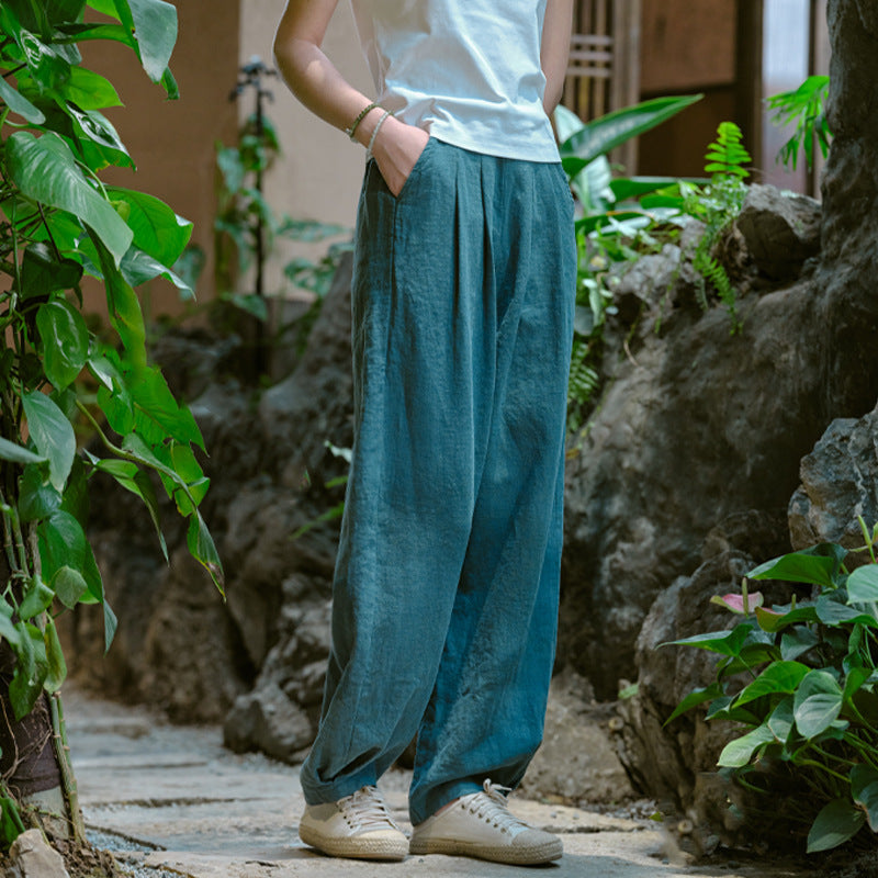 New cotton and linen women's pants, loose and versatile, slim sand-washed linen bloomers
