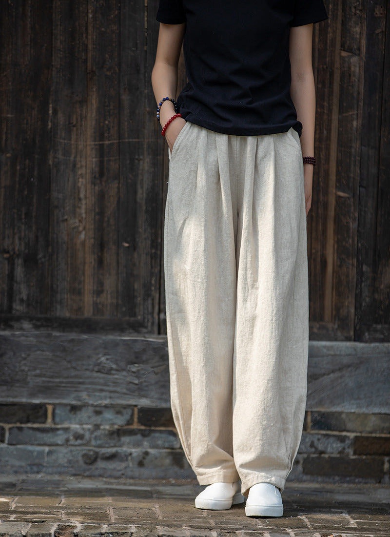 New cotton and linen women's pants, loose and versatile, slim sand-washed linen bloomers