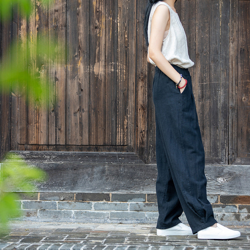 New cotton and linen women's pants, loose and versatile, slim sand-washed linen bloomers