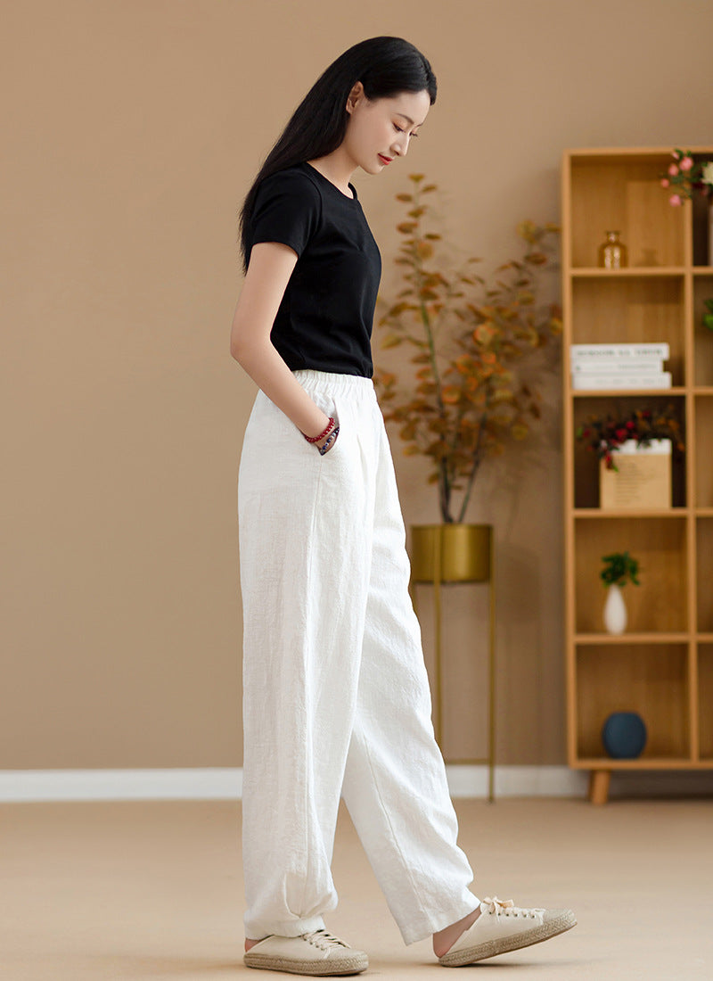 New cotton and linen women's pants, loose and versatile, slim sand-washed linen bloomers
