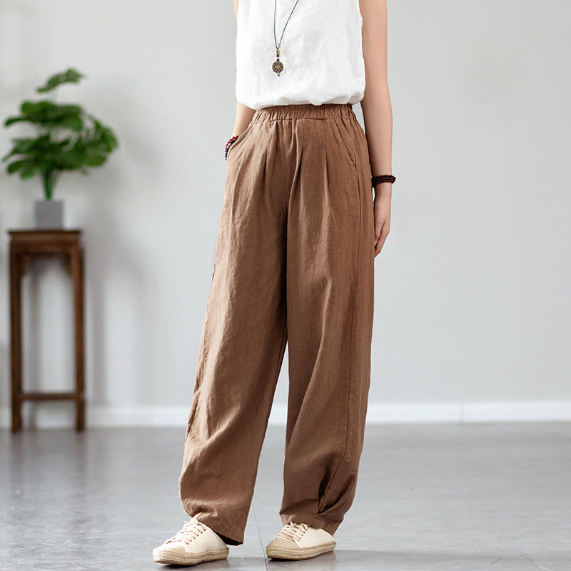 New cotton and linen women's pants, loose and versatile, slim sand-washed linen bloomers