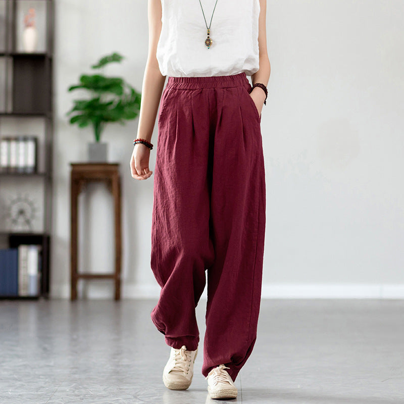 New cotton and linen women's pants, loose and versatile, slim sand-washed linen bloomers