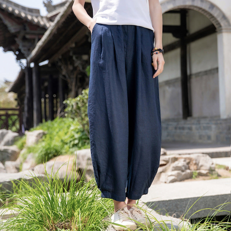 New cotton and linen women's pants, loose and versatile, slim sand-washed linen bloomers