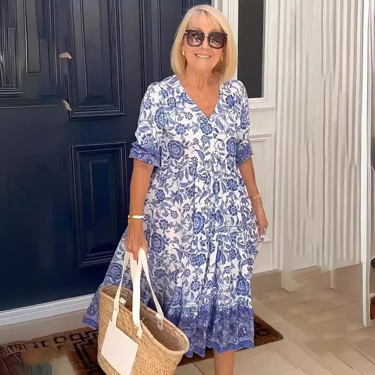 Temperament Elegant Long Loose Floral Dress Women's V-Neck Printed Large Size Dresses