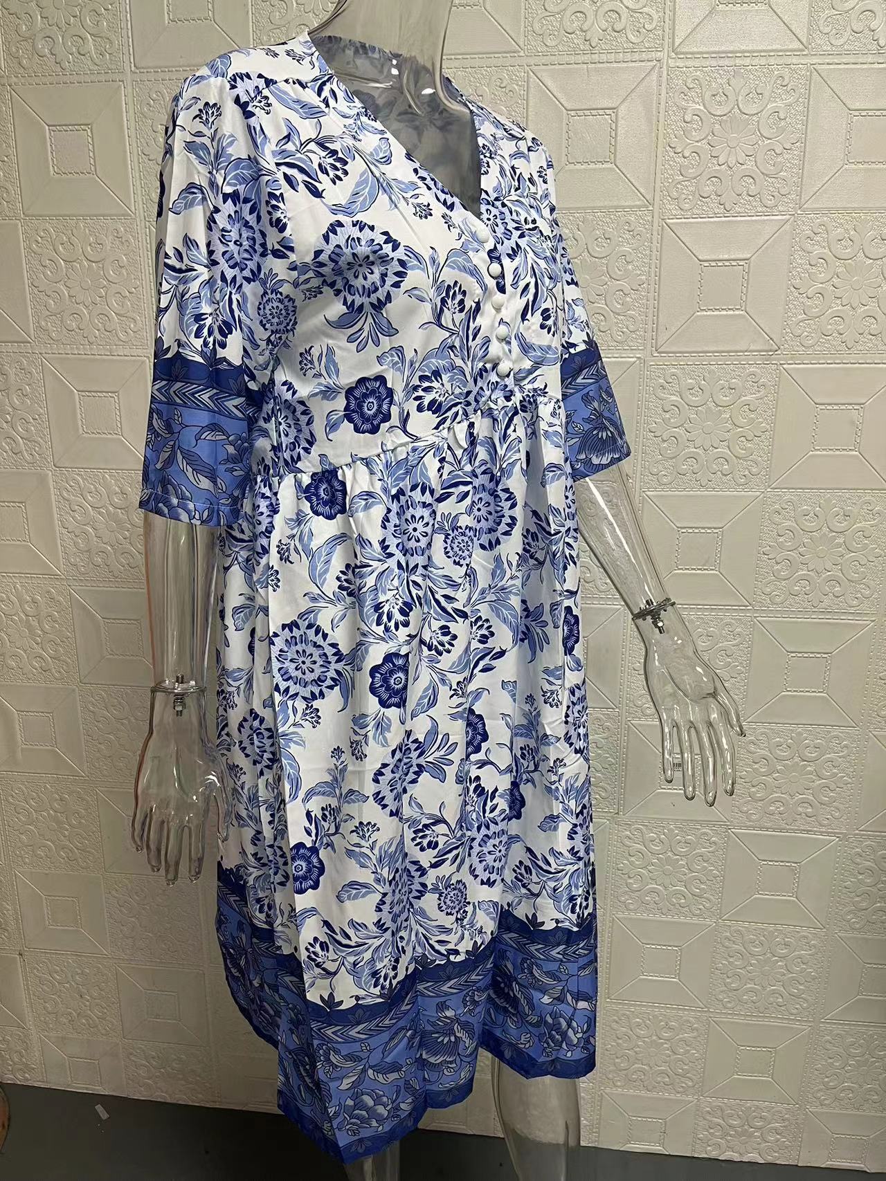 Temperament Elegant Long Loose Floral Dress Women's V-Neck Printed Large Size Dresses