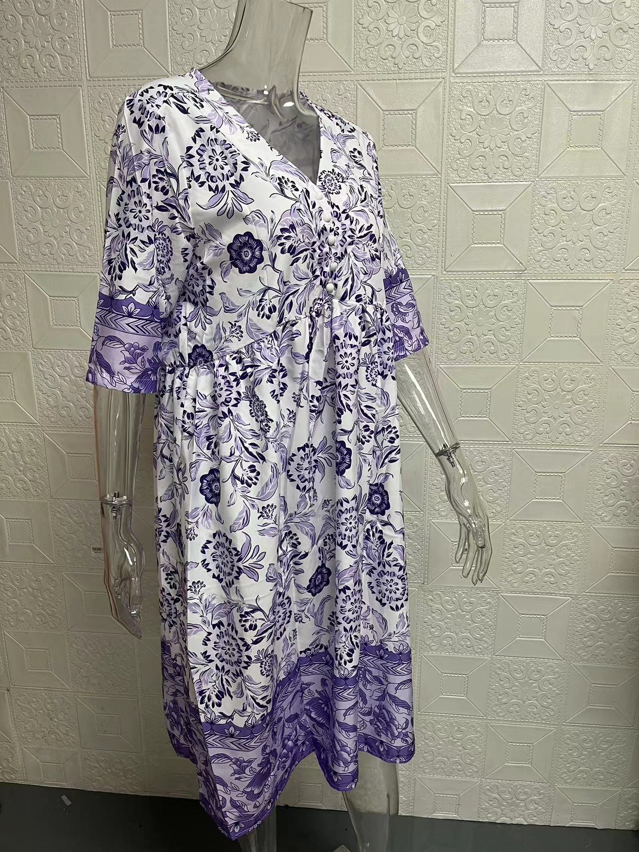 Temperament Elegant Long Loose Floral Dress Women's V-Neck Printed Large Size Dresses