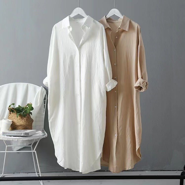 Simple long knee-length shirt women cotton and linen loose thin thin section sunscreen air conditioning shirt  Beige White black Pink Khaki Yellow Dark blue Light purple Army green Lotus root Milk white