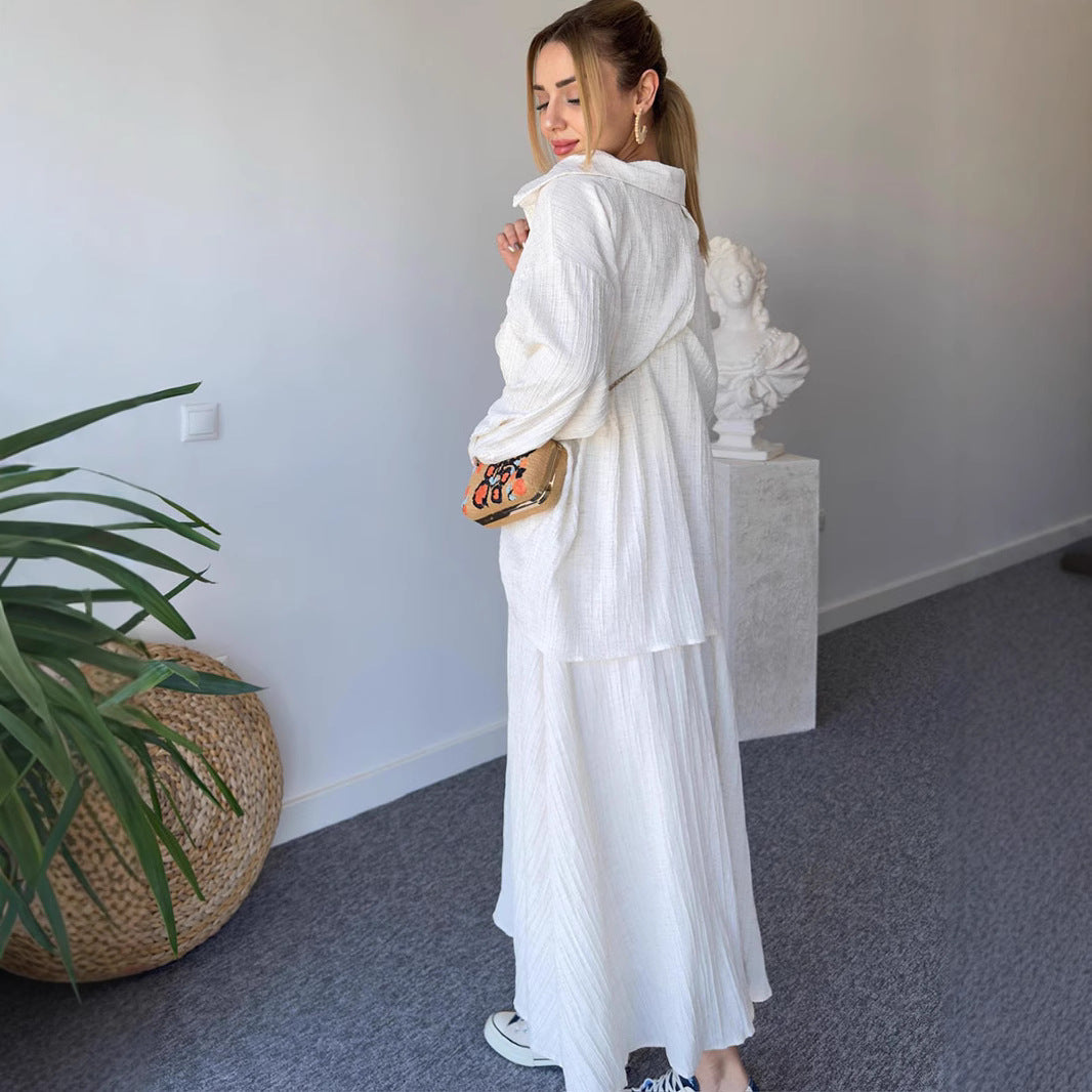 Fashion casual temperament wrinkled loose long-sleeved shirt plus long suspenders two-piece set