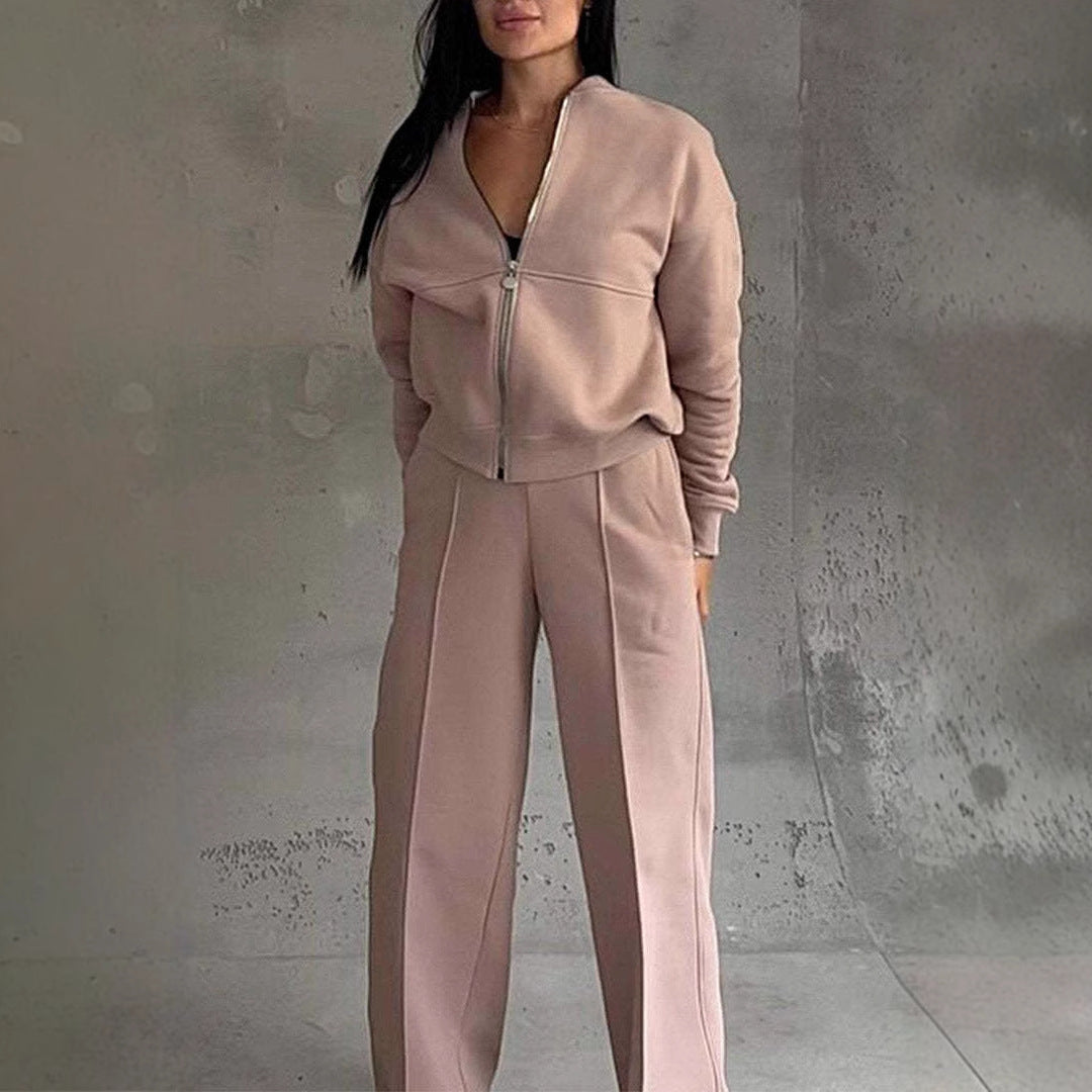 Women's Casual Zip Jacket Wide Leg Pants Two Piece Set