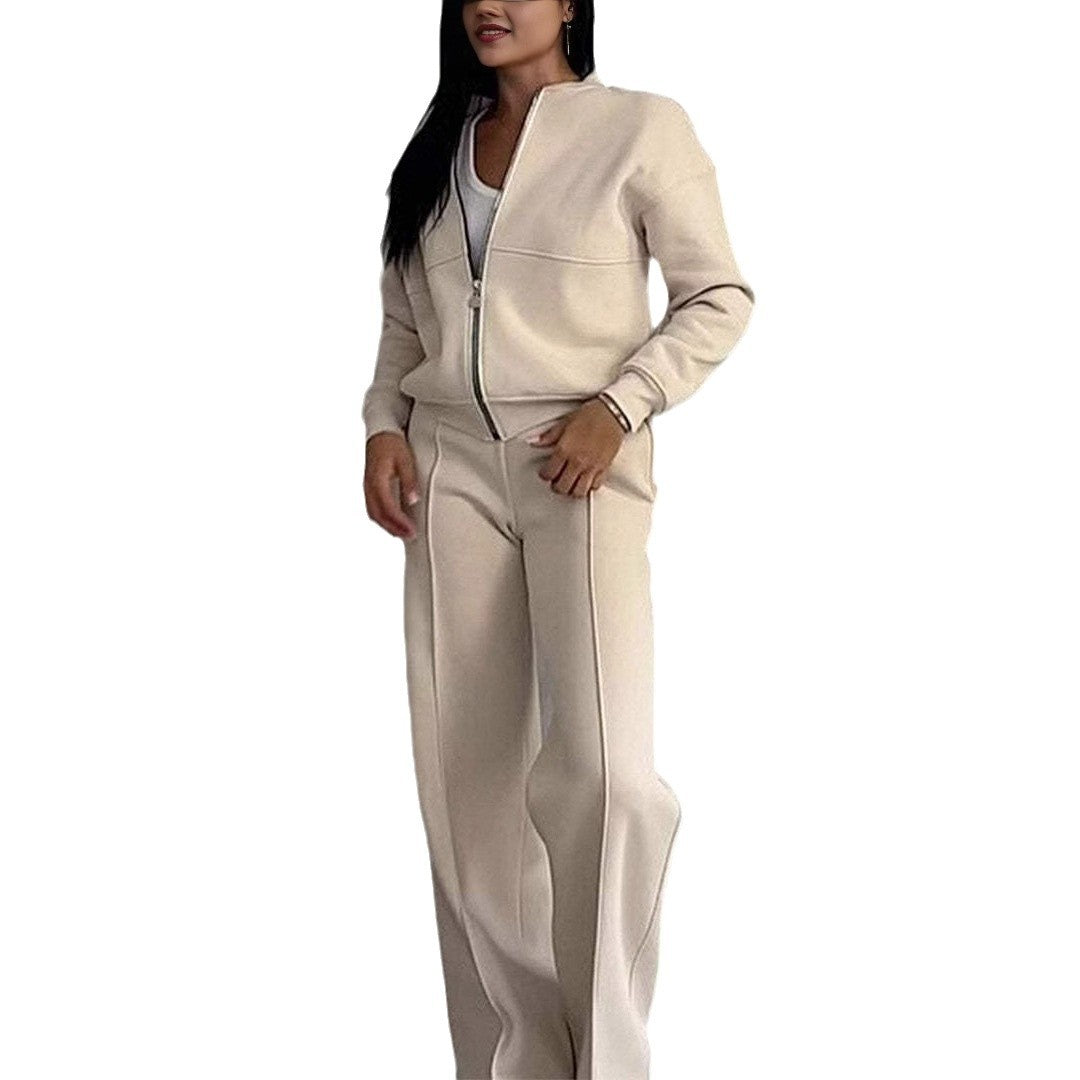 Women's Casual Zip Jacket Wide Leg Pants Two Piece Set