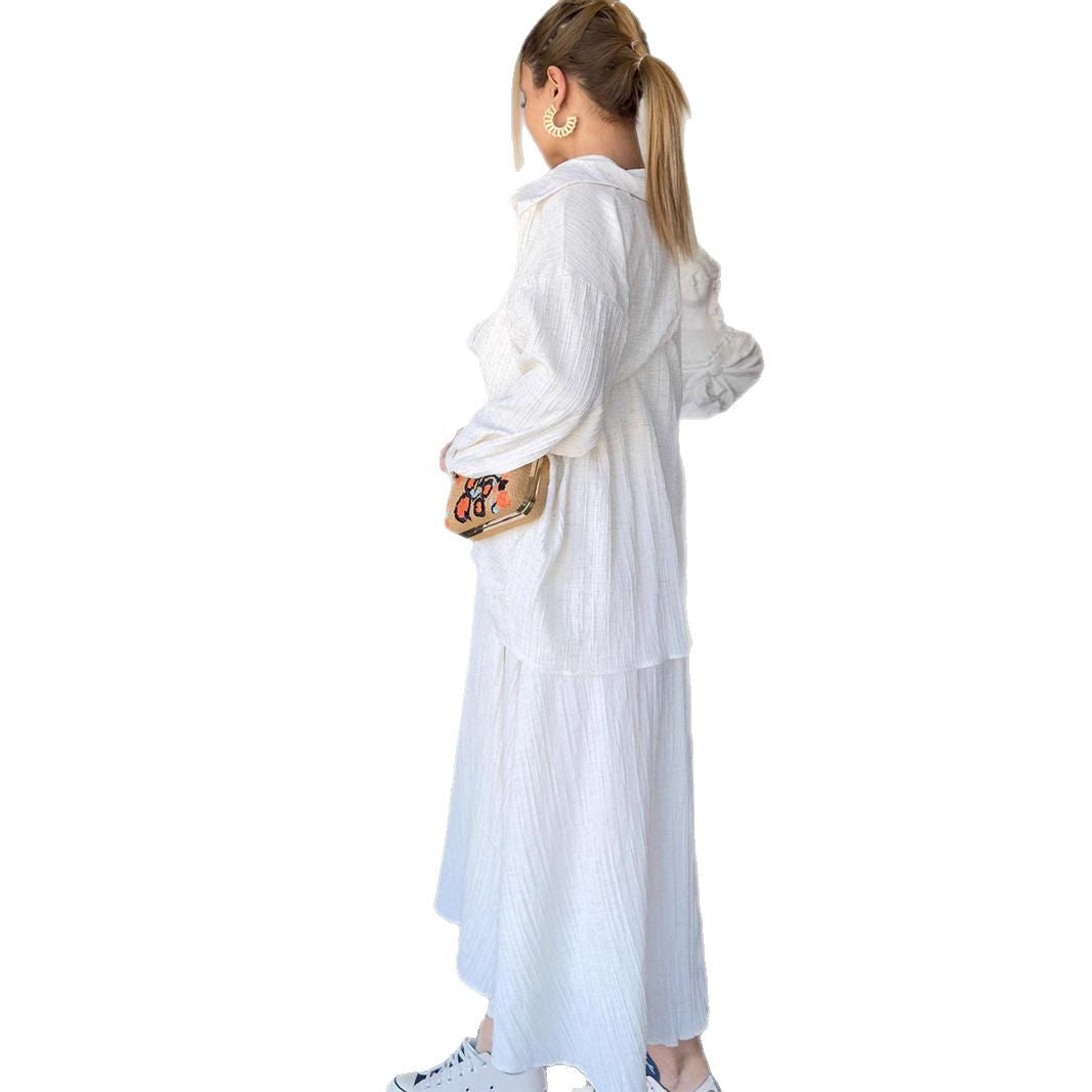 Fashion casual temperament wrinkled loose long-sleeved shirt plus long suspenders two-piece set