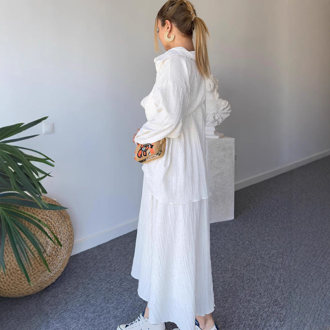 Fashion casual temperament wrinkled loose long-sleeved shirt plus long suspenders two-piece set