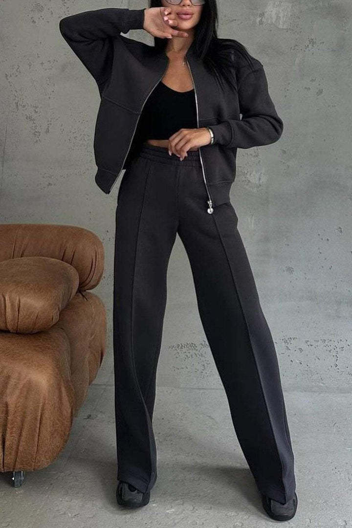 Women's Casual Zip Jacket Wide Leg Pants Two Piece Set